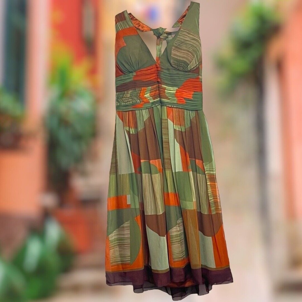 Ladies Cache Brown Olive Orange Greek Cocktail Halter Silk Chiffon Dress sz 6